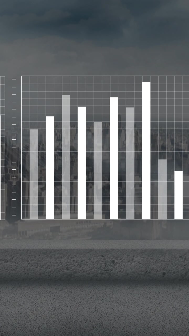 Animazione di grafici e istogrammi su sfondo di paesaggio urbano, che illustra l'analisi dei dati