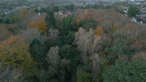 Aerial-drone-shot-approach-on-a-neighborhood-in-the-outskirts-of-Thetford,-located-in-the-district-of-Breckland,-Norfolk-county,-east-of-London-in-Great-Britain