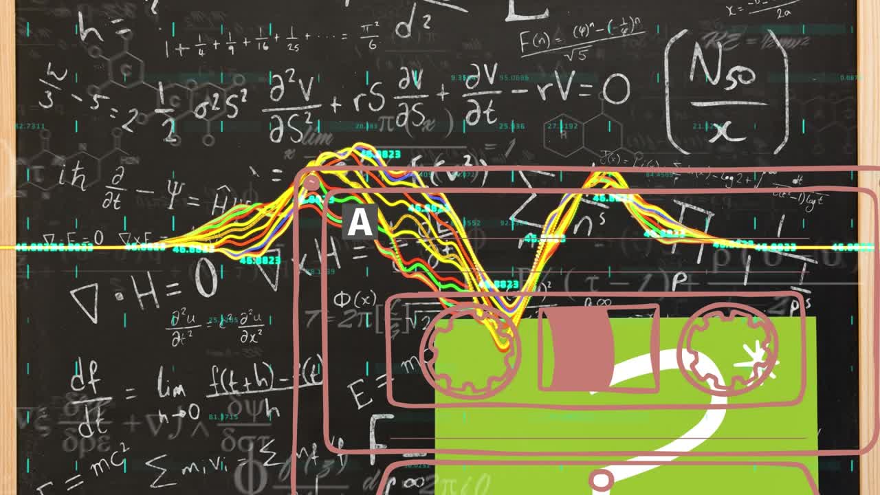 Animation of tape icon and mathematical equations over black board