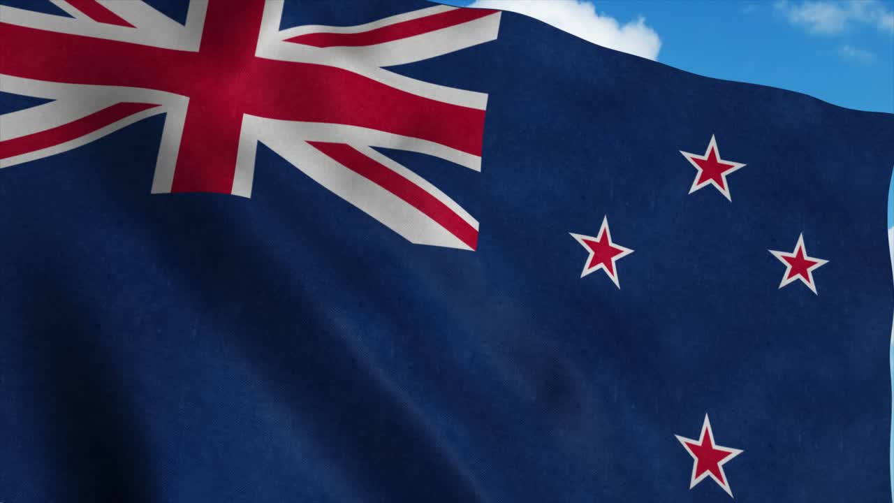 바람에 흔들리는 뉴질랜드 발, 파란 하늘 배경.