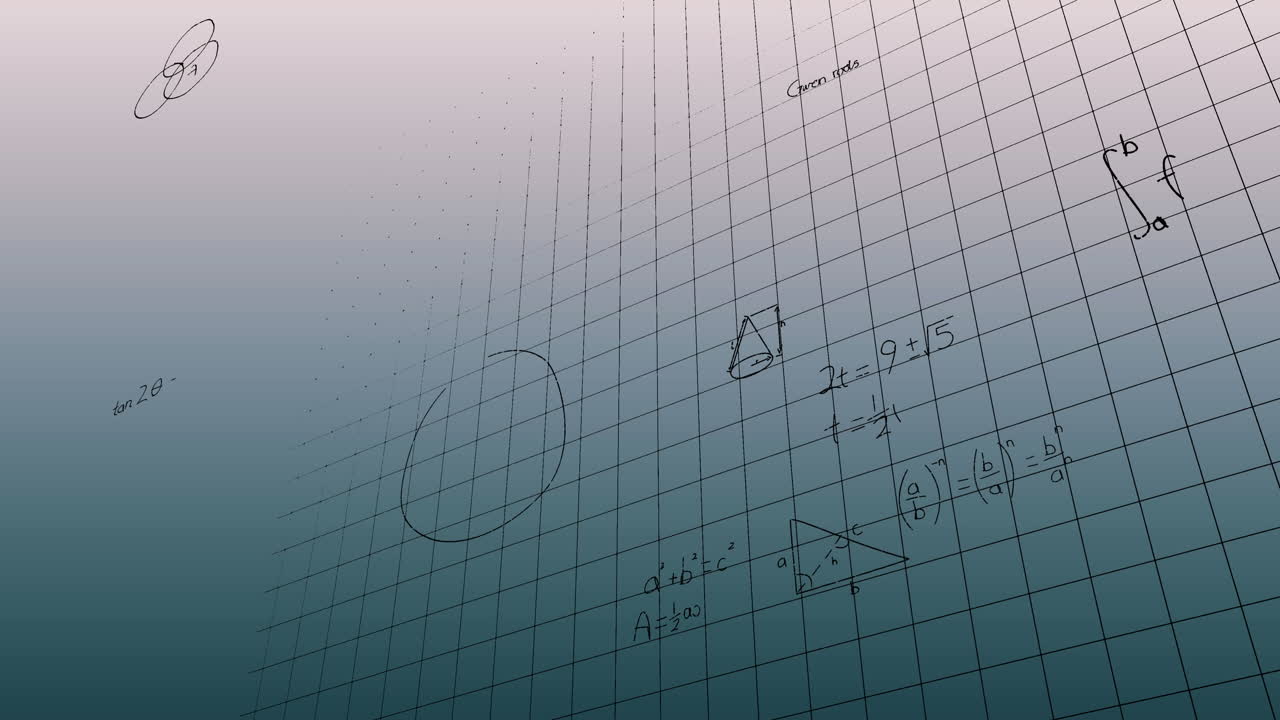 Animation of mathematical equations over grid network against gradient grey background