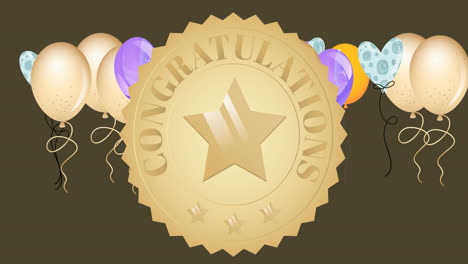 animación de texto de felicitaciones sobre globos de colores sobre fondo marrón.