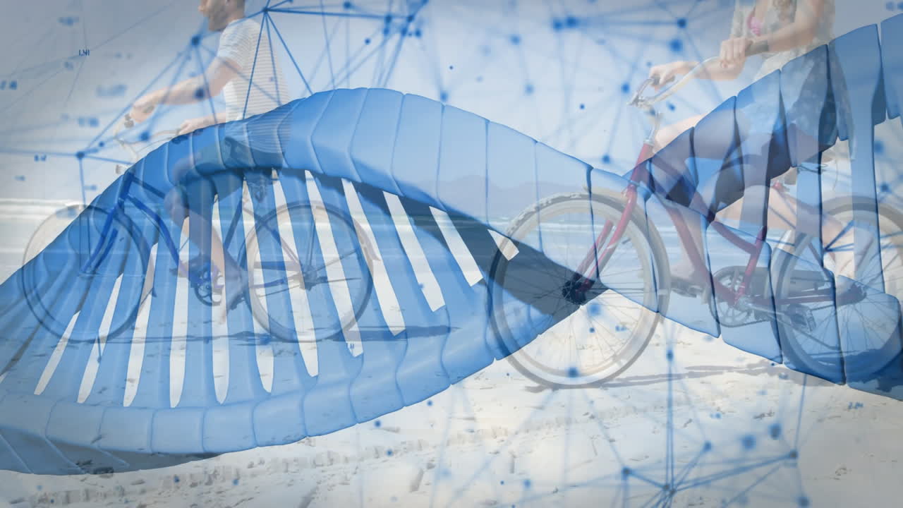 DNA strand and network connections animation over people riding bicycles on beach