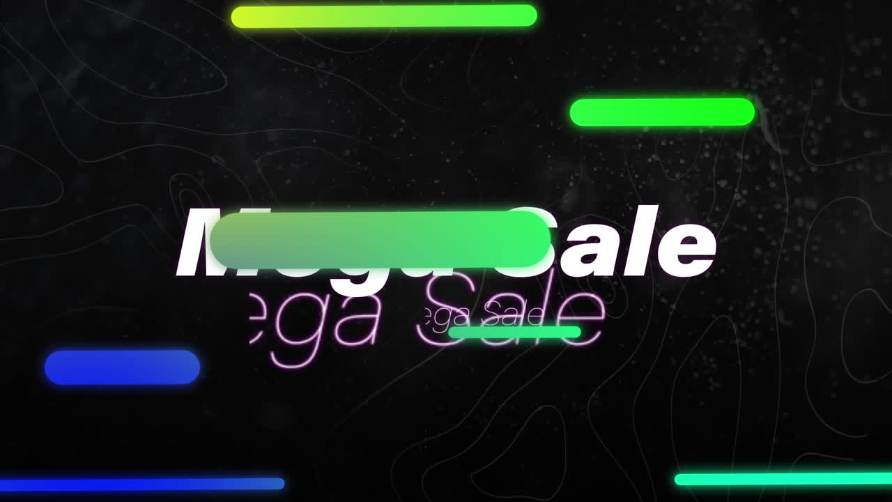 검은색 바탕에 움직이는 컬러  ⁇  모양의  ⁇ 색 텍스트 메가 세일의 애니메이션