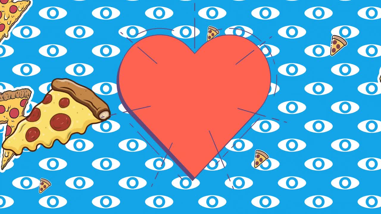 파란색 배경에 피자 슬라이스 아이콘 위에 복사 공간이 있는 빨간색 심장 아이콘