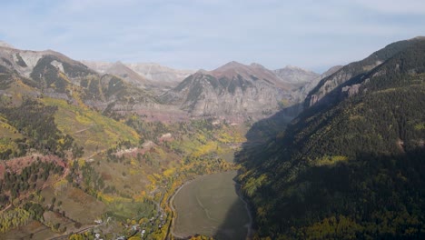 a high-flying drone shot, of telluride valley, in rocky mountains of colorado, on a sunny day in the fall season