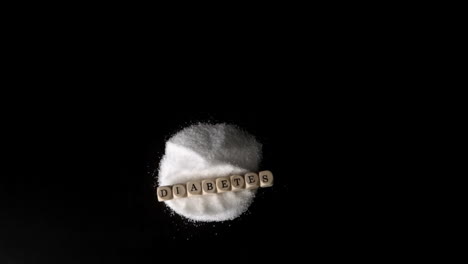 dice spelling out diabetes falling over a pile of sugar