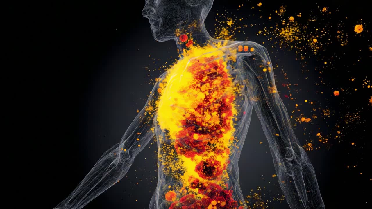 A Visual Exploration of Human Anatomy: The Eruption of Colorful Explosions from Within the Body, Representing Vital Energies and Organic Dynamics Amidst a Dark Background