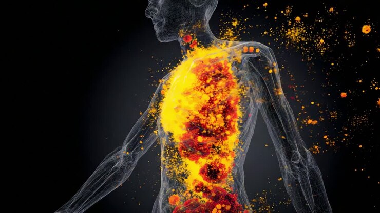 A Visual Exploration of Human Anatomy: The Eruption of Colorful Explosions from Within the Body, Representing Vital Energies and Organic Dynamics Amidst a Dark Background