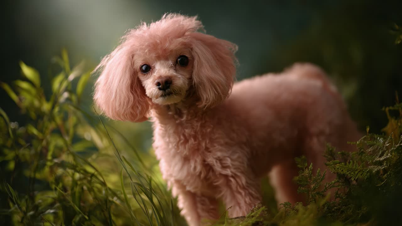 Affascinante barboncino rosa circondato da una vegetazione lussureggiante, che mostra una personalità giocosa e caratteristiche adorabili in un ambiente con luce naturale soffusa