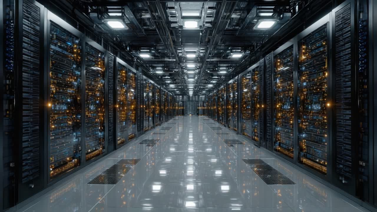 An Impressive View Inside a Modern Data Center, Showcasing Rows of High-Tech Servers with Illuminated Components in a Controlled Environment