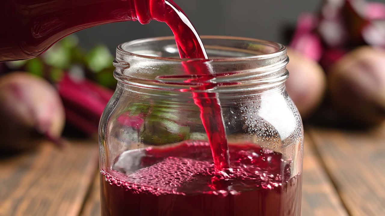 Red Beetroot Juice Poured from Bottle into Glass Jar