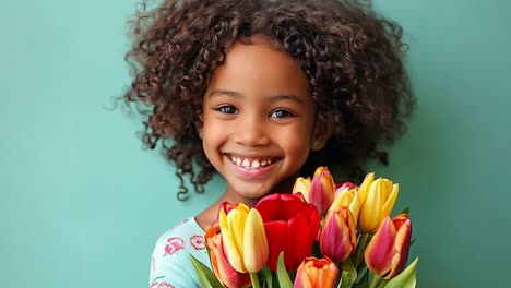 a happy young girl with curly hair holding a bouquet of colorful tulips