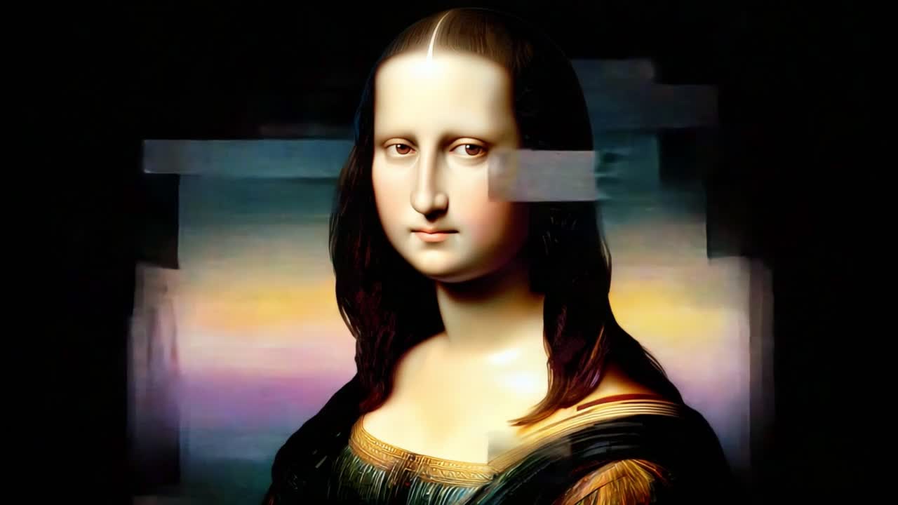A modern reinterpretation of a classic masterpiece, showcasing the essence of the Mona Lisa through a captivating blend of digital distortion and artistic expression