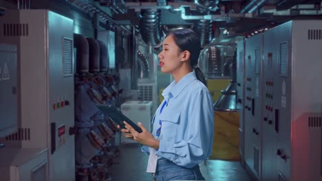 Side View Of An Asian Female Professional Worker In Engine Control Room, Observes By Looking Up Before She Come To Concentrating On The Tablet And Keep On Checking