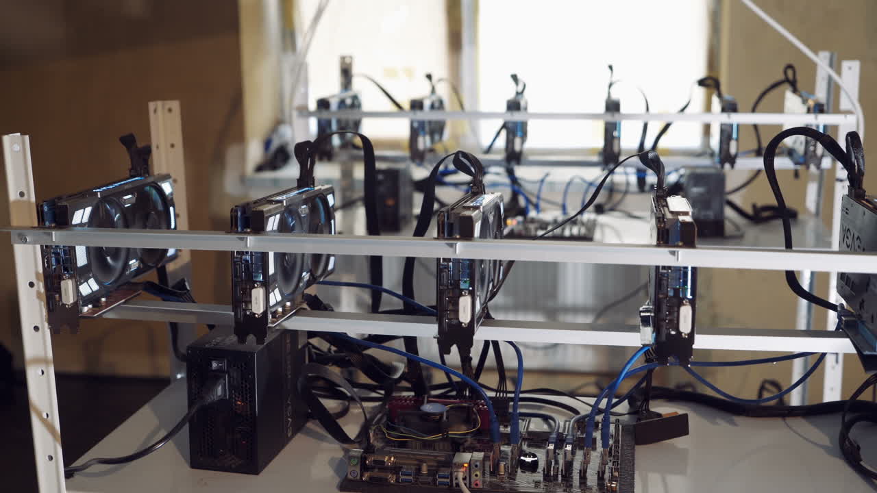 Man checks the temperature of the graphics cards on the computer. Bitcoin cryptocurrency mining farm