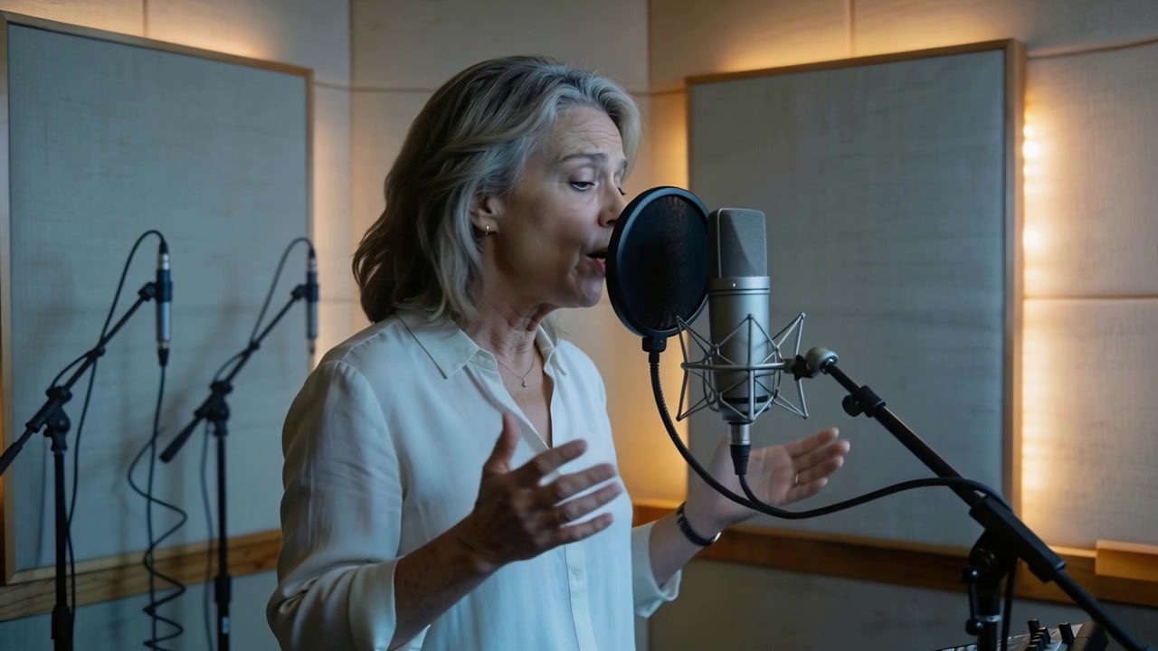 Inizio di una canzone, una cantante donna con camicetta chiara canta in un microfono da studio con filtro anti-pop, gesticolando.