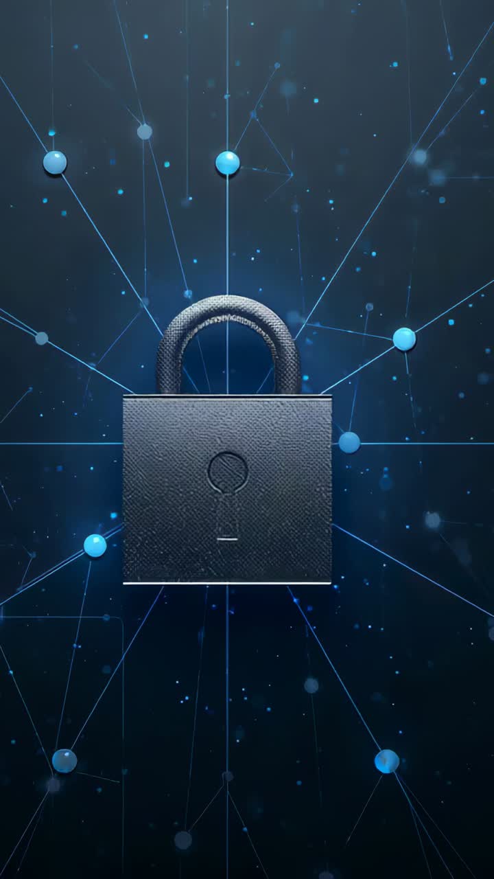 Vertical video: Frames starting textured padlock zooming in cyber net showing shackle keyhole nodes