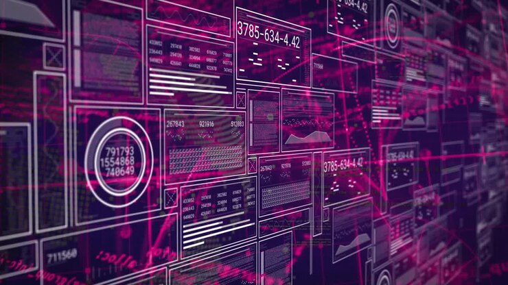 Animation of digital interface screens with charts, graphs and data over abstract background