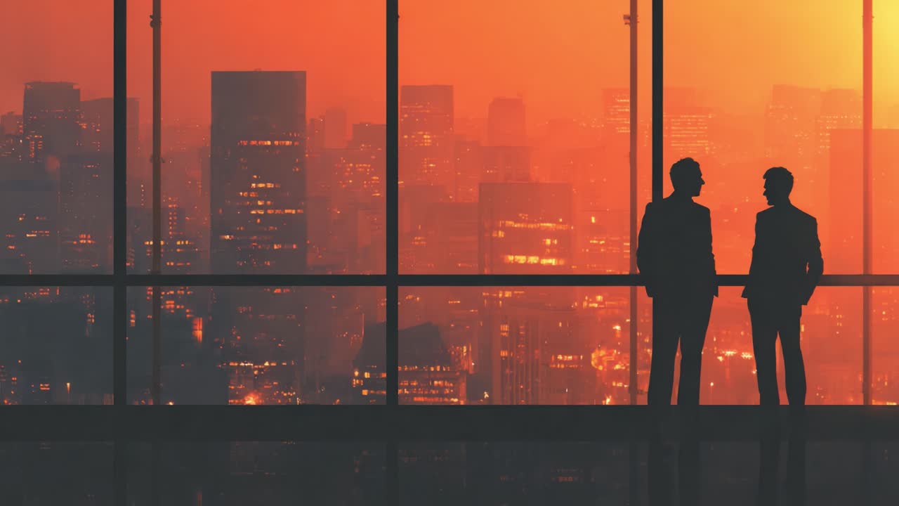 Siluetas de figuras conversando con un horizonte urbano vibrante al atardecer, proyectando sombras oscuras sobre un cálido fondo naranja