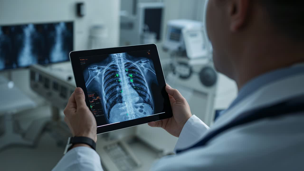 Noticing green markers, physician wearing lab coat holding tablet studying chest X-ray, copy space
