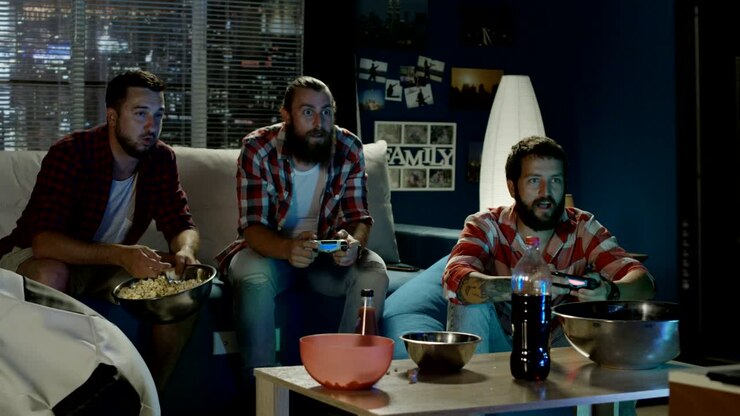 Gruppo di uomini gioca a un videogioco insieme la sera.