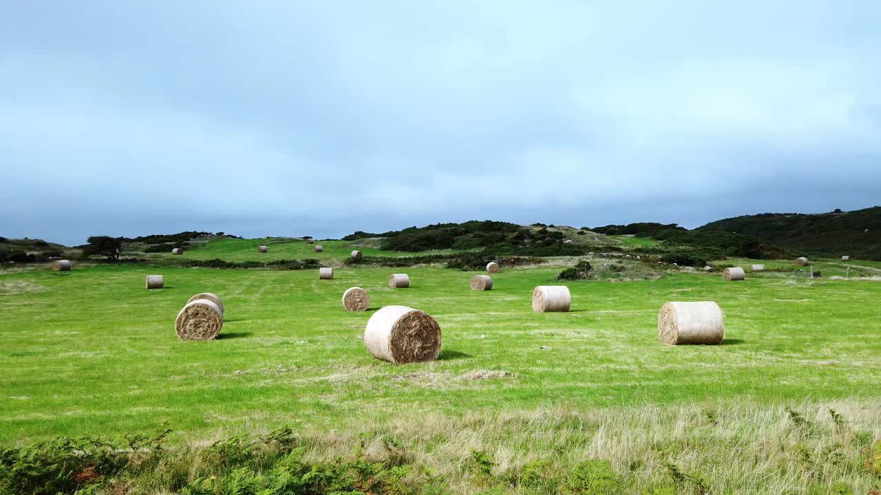 prado rural nublado com fardos de feno de palha enrolados em terras agrícolas britânicas abertas