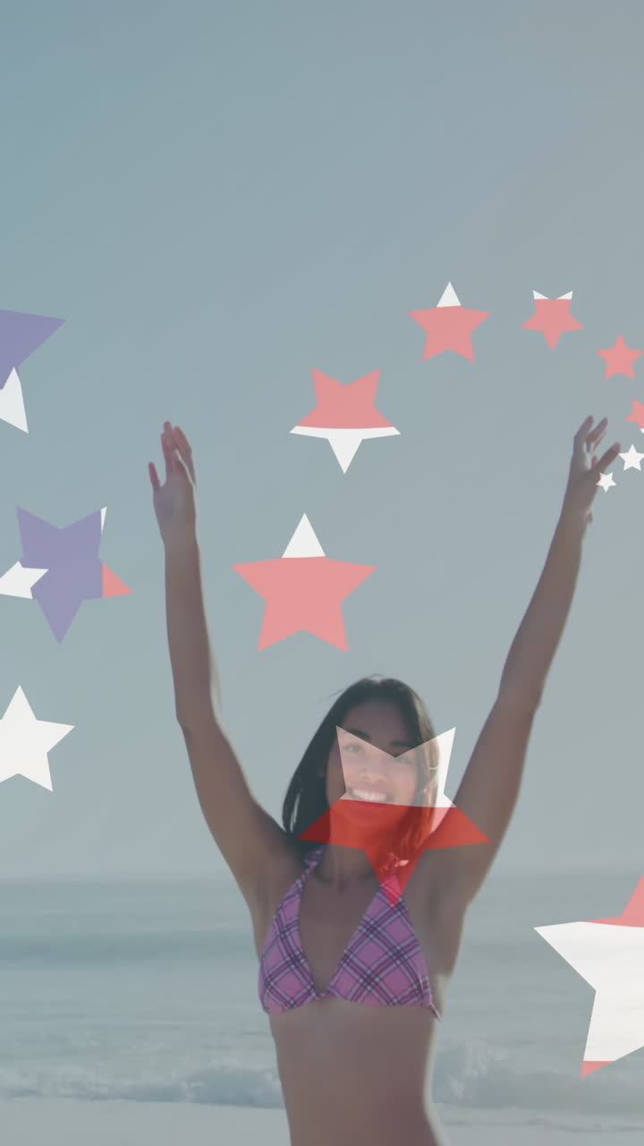 animación de la bandera estadounidense sobre un grupo diverso de amigos bailando en la playa