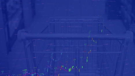 Animation-Der-Datenverarbeitung-über-Dem-Warenkorb-Auf-Blauem-Hintergrund