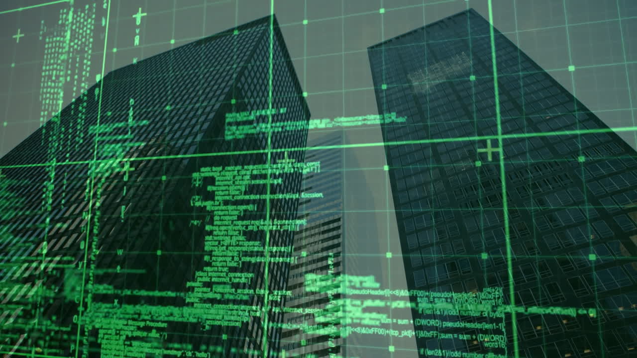 Green coding and data processing animation over skyscrapers in urban cityscape