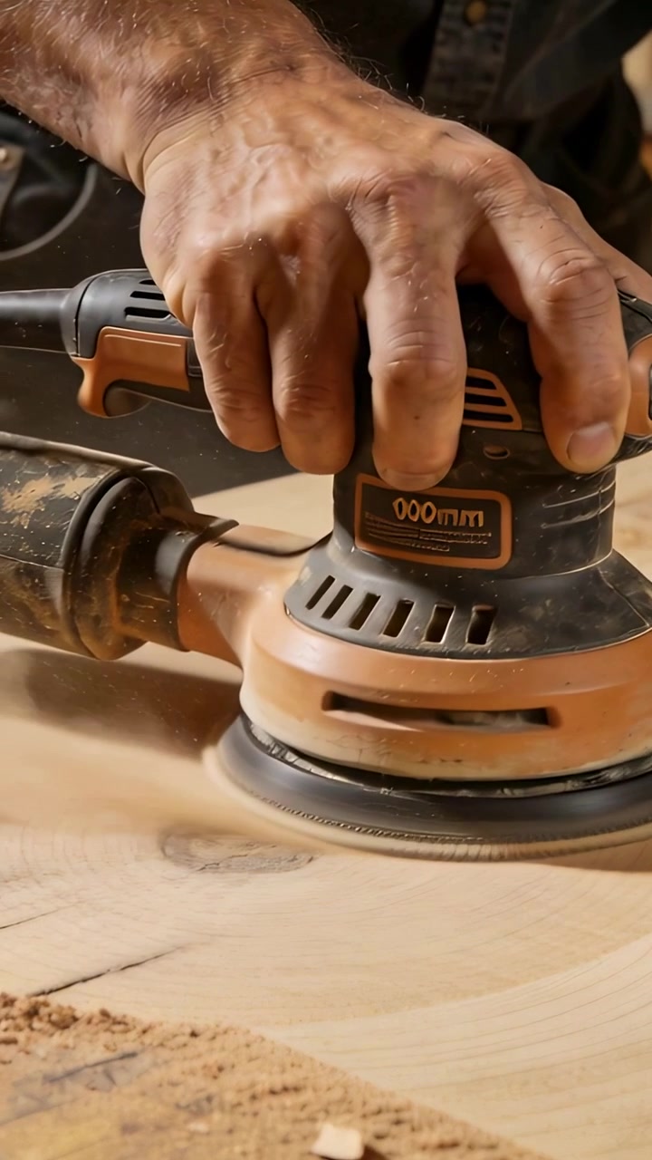 Vertical video: Putting sander, worker in denim shirt pressing, sanding bench plank smoothing knot