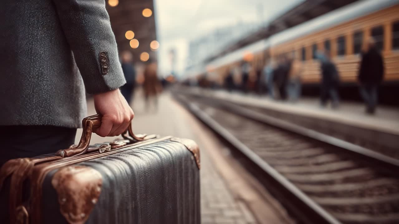A Traveler's Journey: Capturing the Essence of Departure and Arrival at a Bustling Train Station with a Vintage Suitcase in Hand