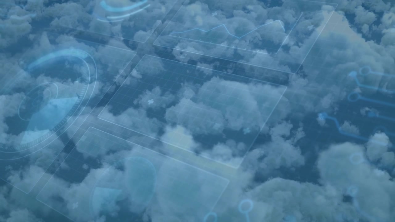 Cloudinterface activeert panelen die over wolken schuiven, code stroomt, ring roteert, pictogrammen pulseren.
