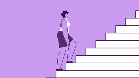 la mujer de estilo púrpura es un personaje plano que sube escaleras caminando en ciclo. animación de bucle aislado con canal alfa