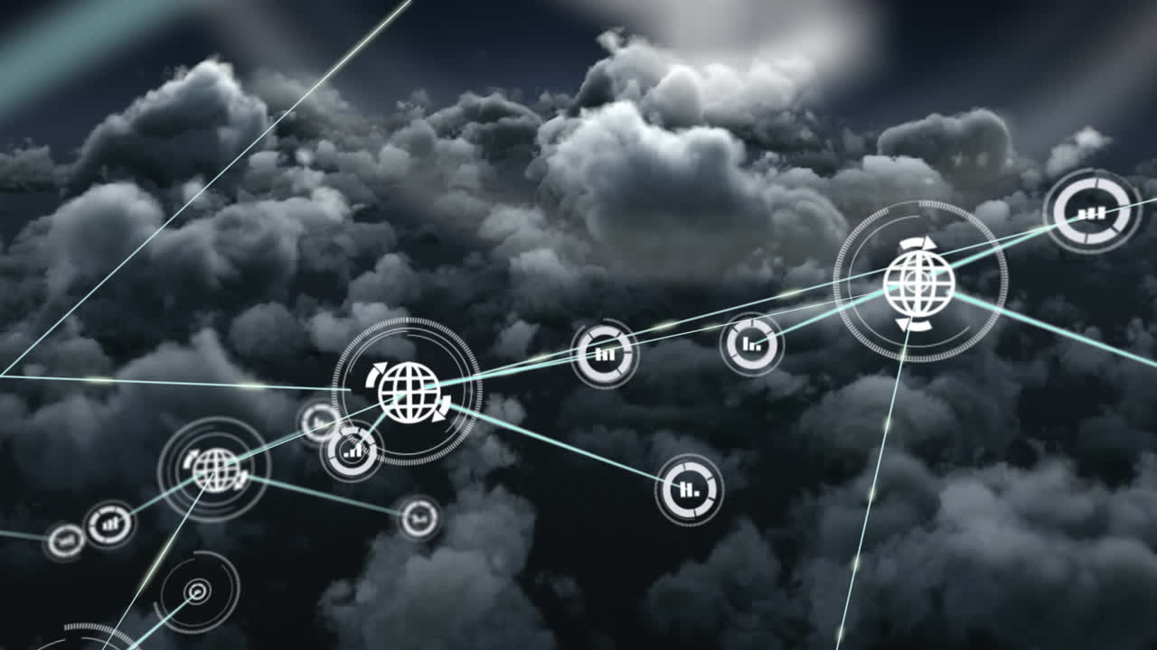 Animation of networks of connections over clouds and sky