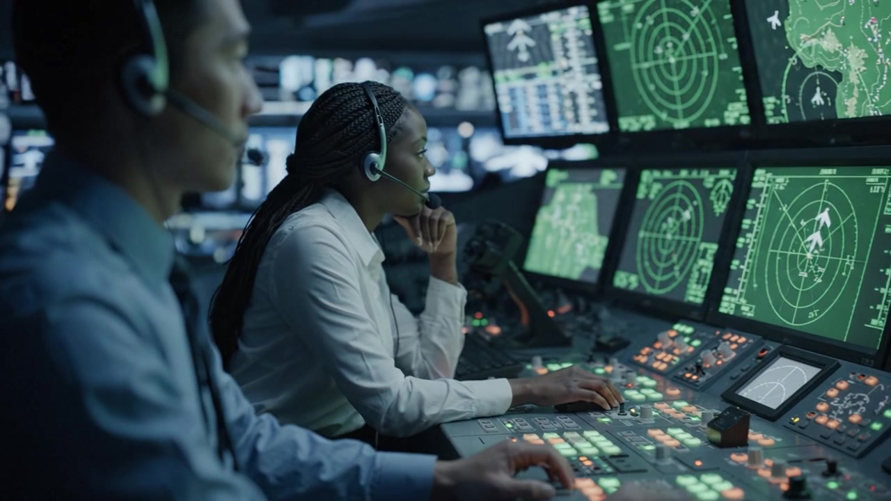 Air Traffic Control Operators Monitoring Flight Paths and Communication in a High-Tech Control Room with Multiple Displays and Radar Systems