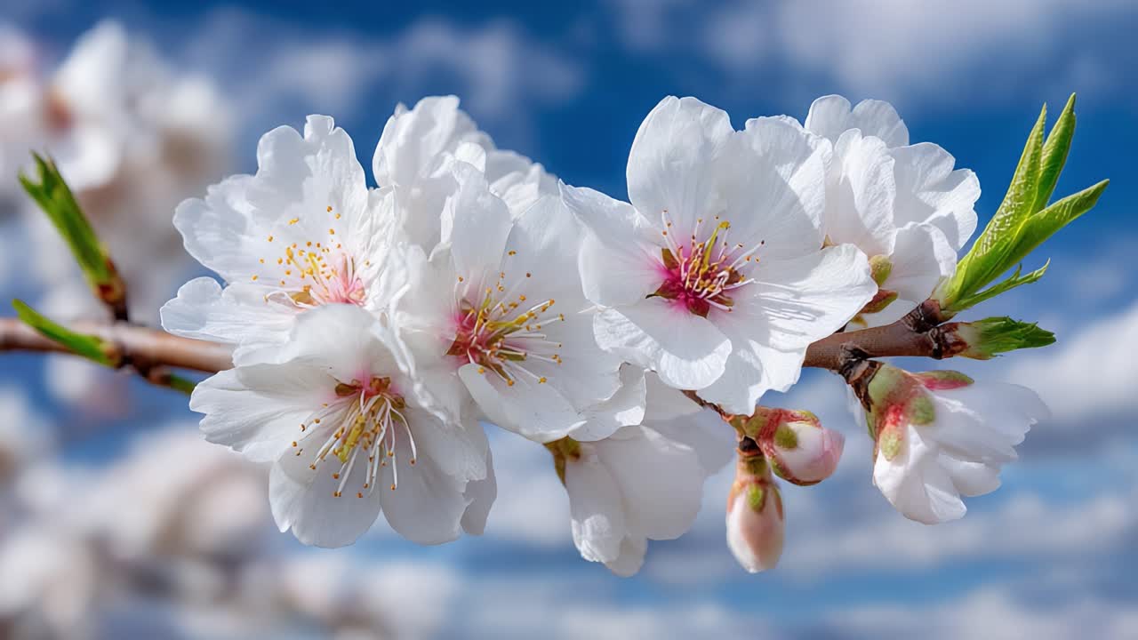 Delicate Cherry Blossom Blooms Against a Bright Blue Sky: A Stunning Showcase of Nature's Beauty in Springtime With Soft White Petals and Vibrant Pink Centers