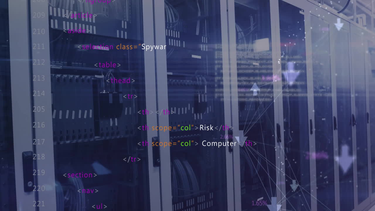 animación de flechas conectadas y lenguaje informático sobre bastidores de servidores de datos en la sala de servidores