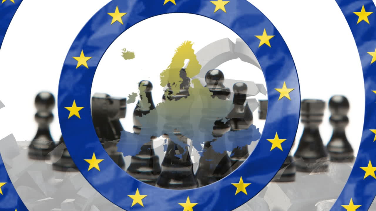 Estrelas girando em círculos sobre o mapa da UE contra um tabuleiro de xadrez