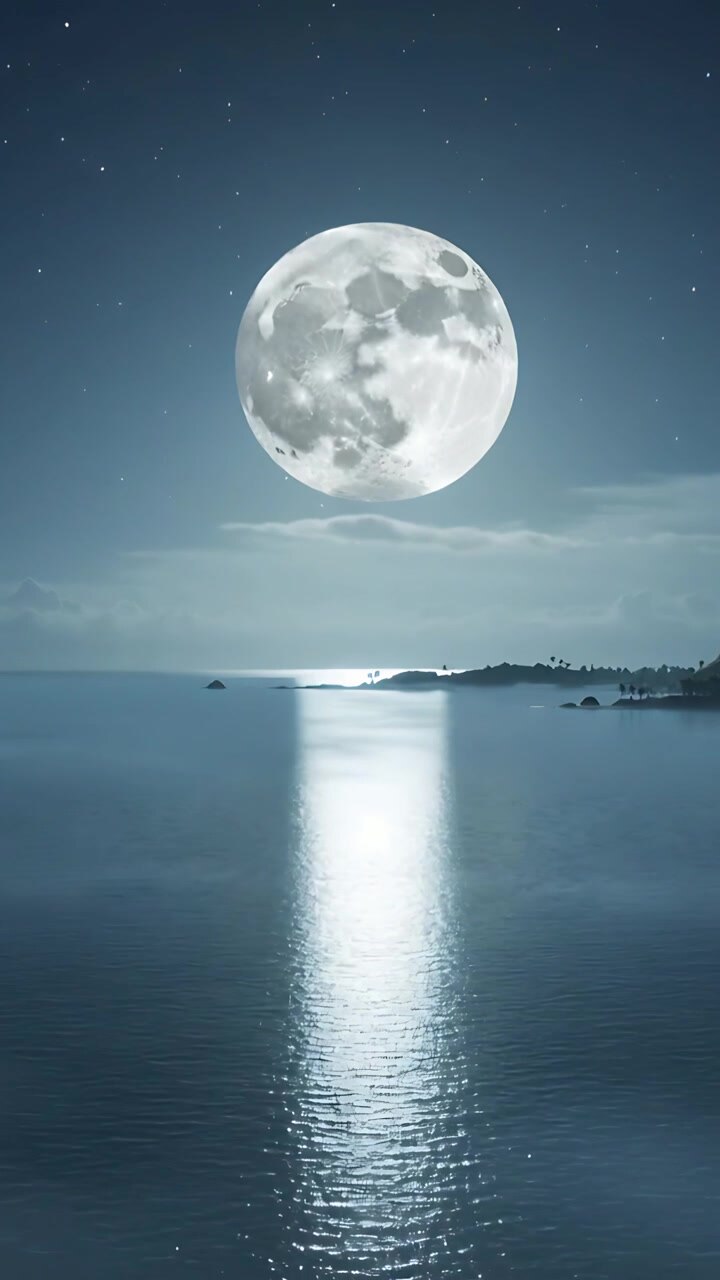Vídeo vertical: Lua cheia brilhante refletindo em mar calmo à noite, com a brisa a criar ondulações.