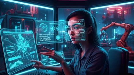 a focused engineer analyzing complex data displays on multiple screens while troubleshooting an industrial robot issue in a high-tech control room environment
