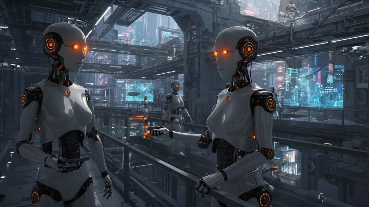 Futuristic Scene of Robots in High-Tech Environment: Two Androids Engaged in Interaction Amidst a Sci-Fi Cityscape with Neon Lights and Advanced Technology