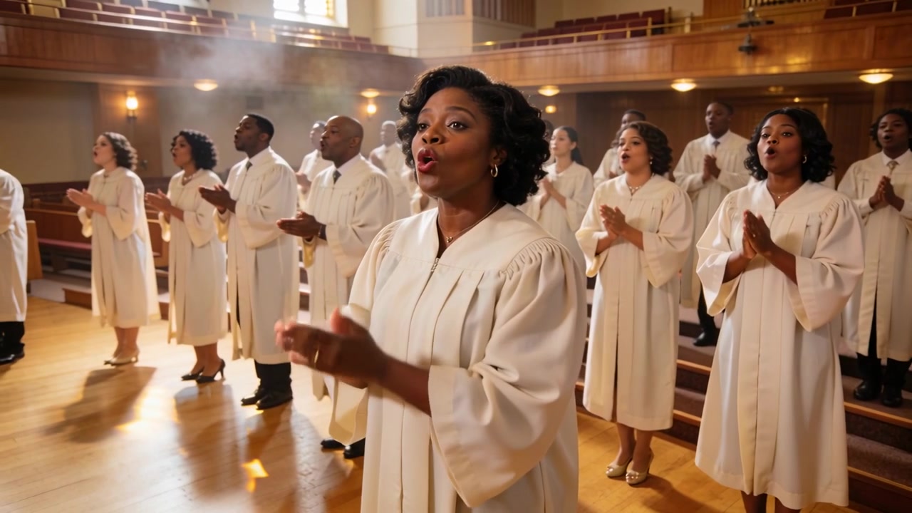 Clapping lead singer projecting solo at sanctuary after music cue, guiding choir in cream robes