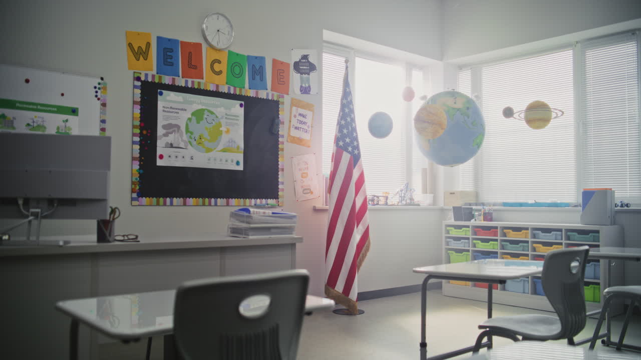 American Elementary School Interior of Empty Classroom with Desks for Students