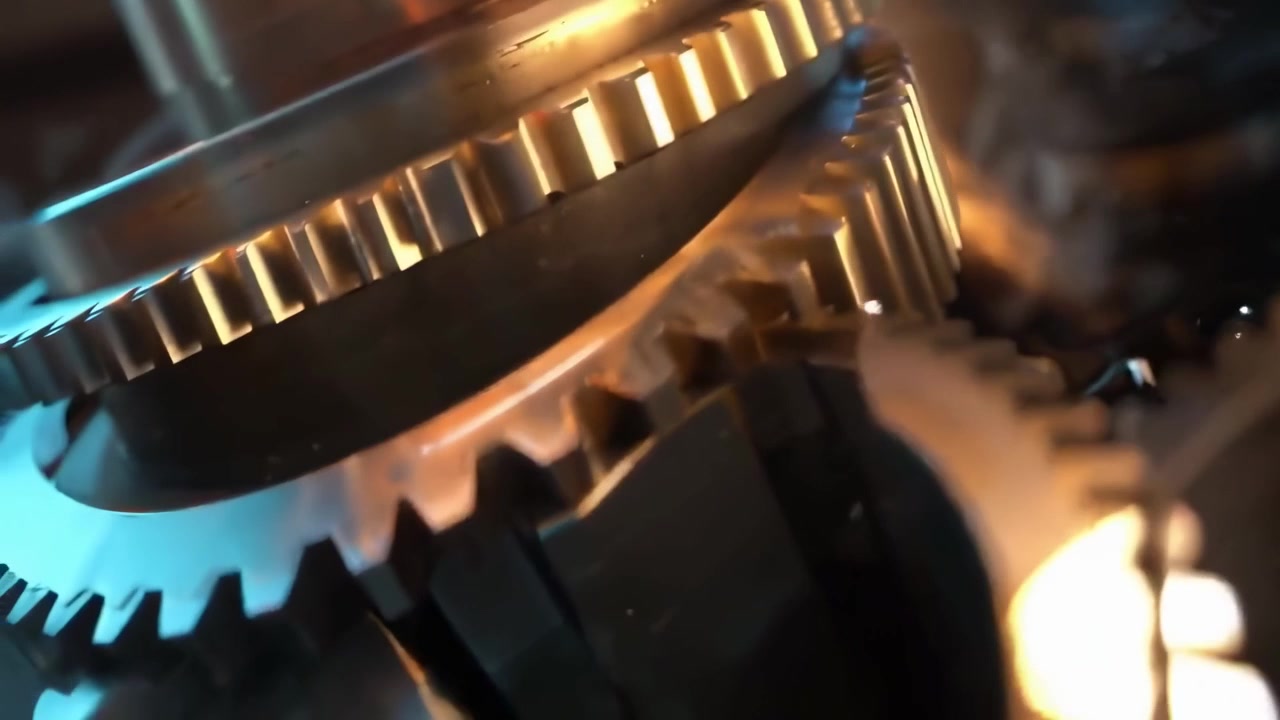 Close-up of Interlocking Metal Gears Rotating in Machinery