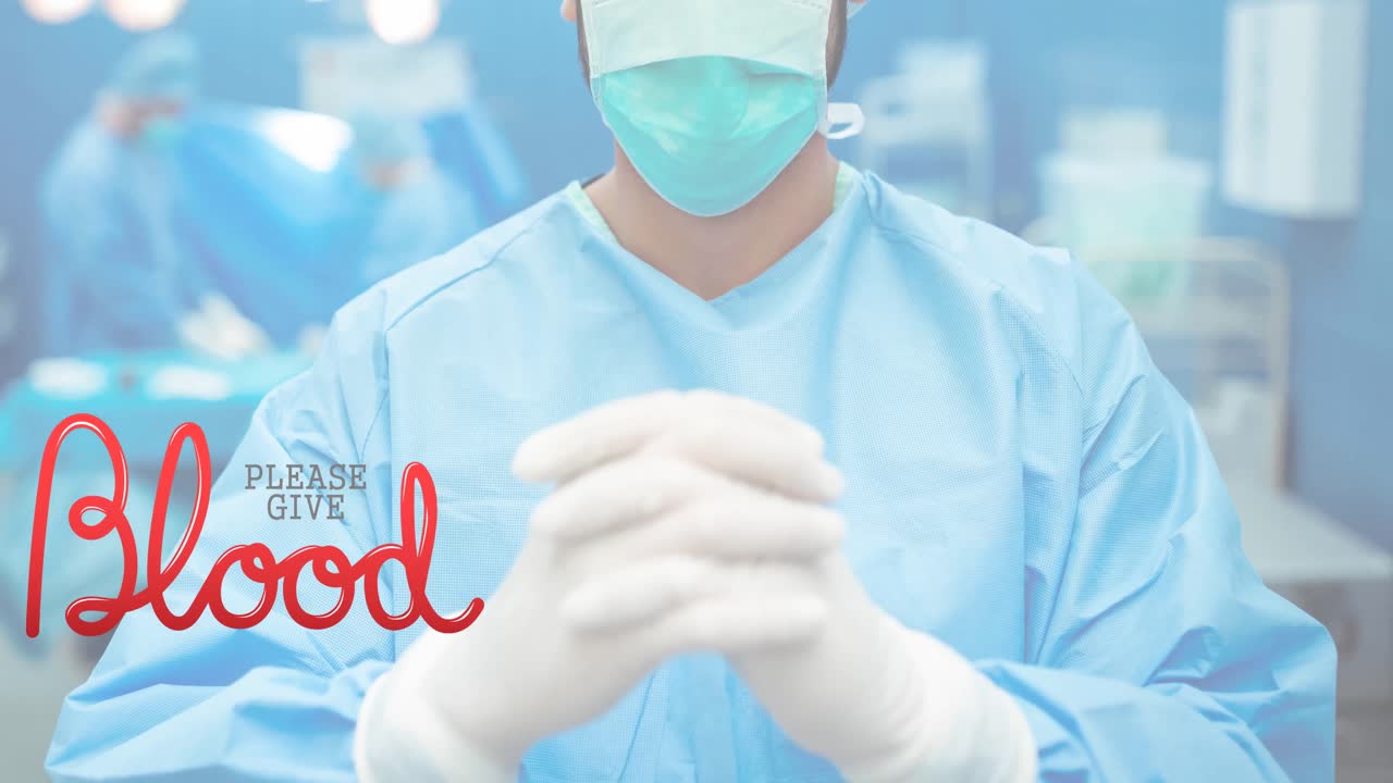 Animazione del testo "Per favore dona il sangue" su un medico che indossa una mascherina