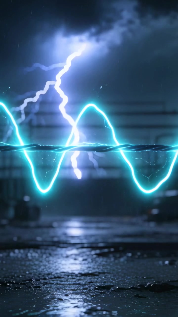 Vertical video: Pulsing cyan waveform reacting to lightning and crackling with sparks at wet plant