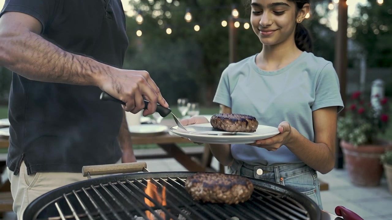 Flipping dad in polo at patio grill, spatula pressing steak, juices flaring, handing daughter plate