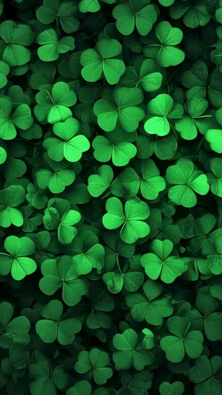 Vertical video: Shifting camera revealing dense shamrock clover mat on ground, showing veins
