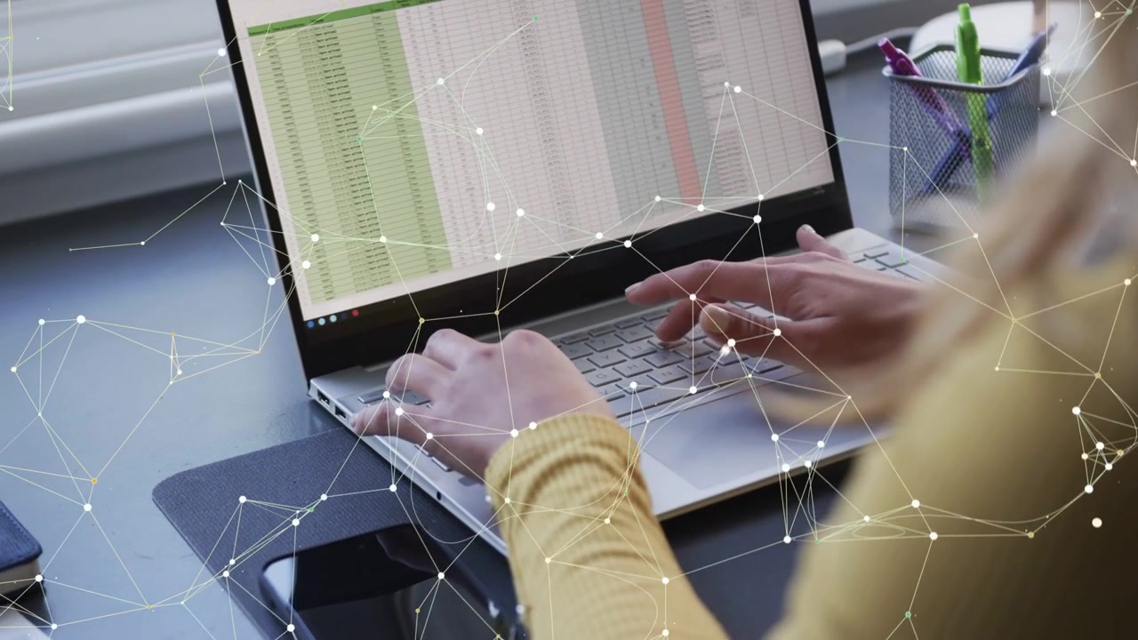 Woman placing hands on keys and typing, network overlay growing while analyzing finance sheet